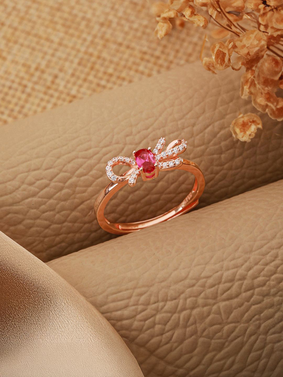 SARAF SILVERETZ 925 Sterling Silver Rose Gold Plated AD-Studded Cherry Bow Finger Ring