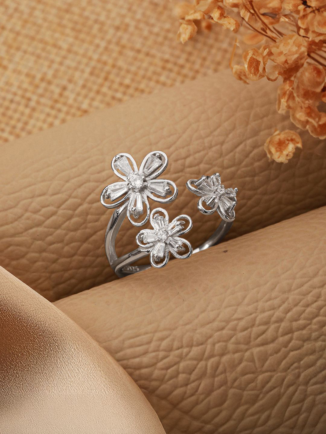 SARAF SILVERETZ 925 Sterling Silver-Plated AD-Studded Flowers Adjustable Finger Ring
