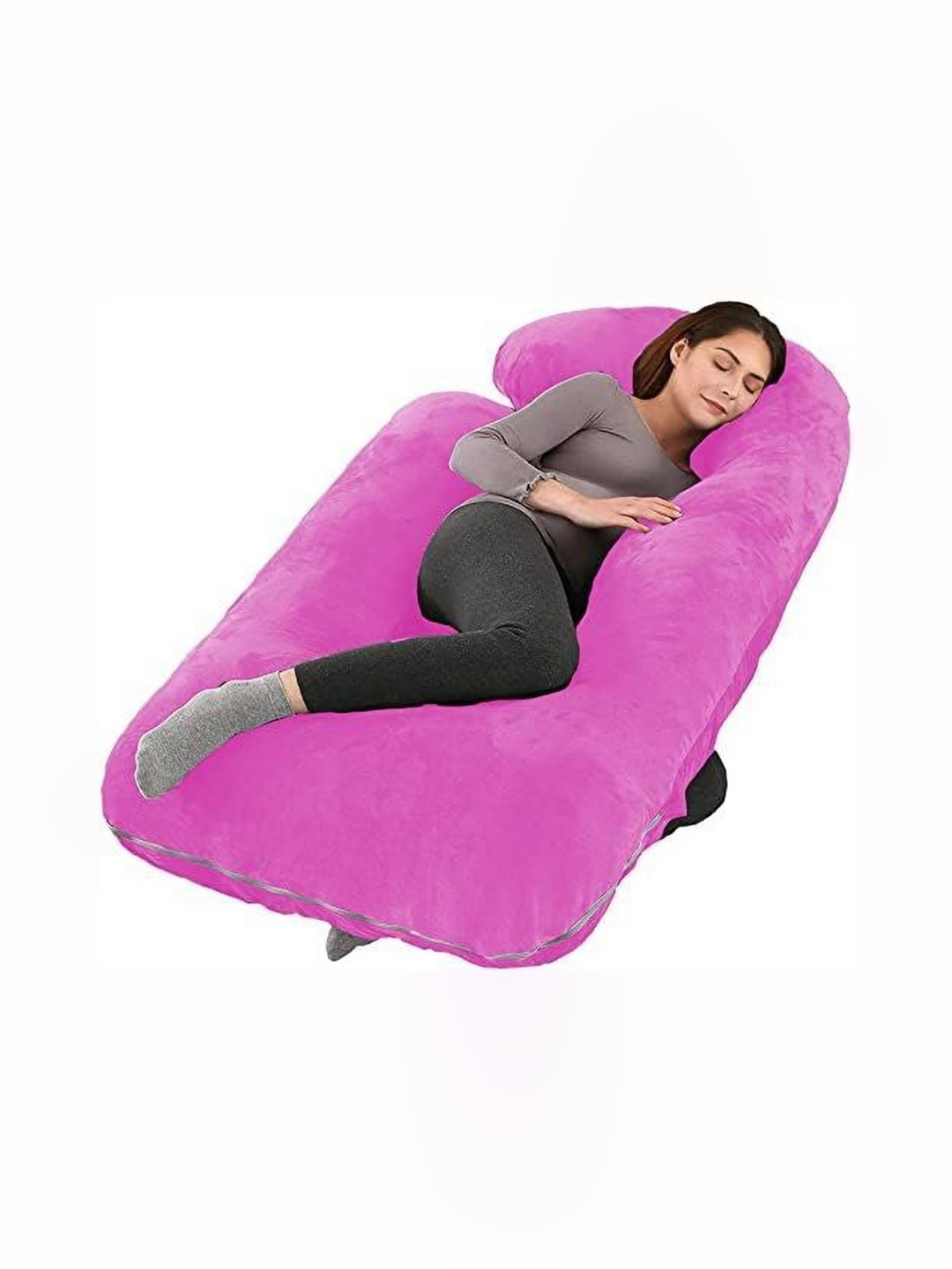 Siroki Bond Velvet J-Shaped Pink Solid Faux Velvet Firm Fibre Maternity Pillow-10 x 60 x 110 cm