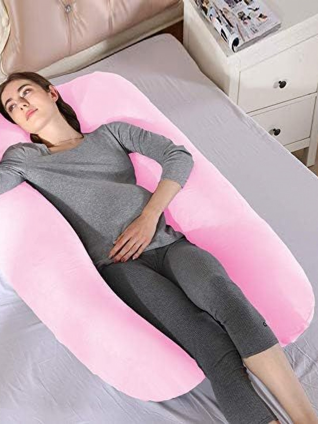 Siroki Bond Pink Solid Faux Velvet Firm Fibre Maternity Pillow-10 x 60 x 110 cm