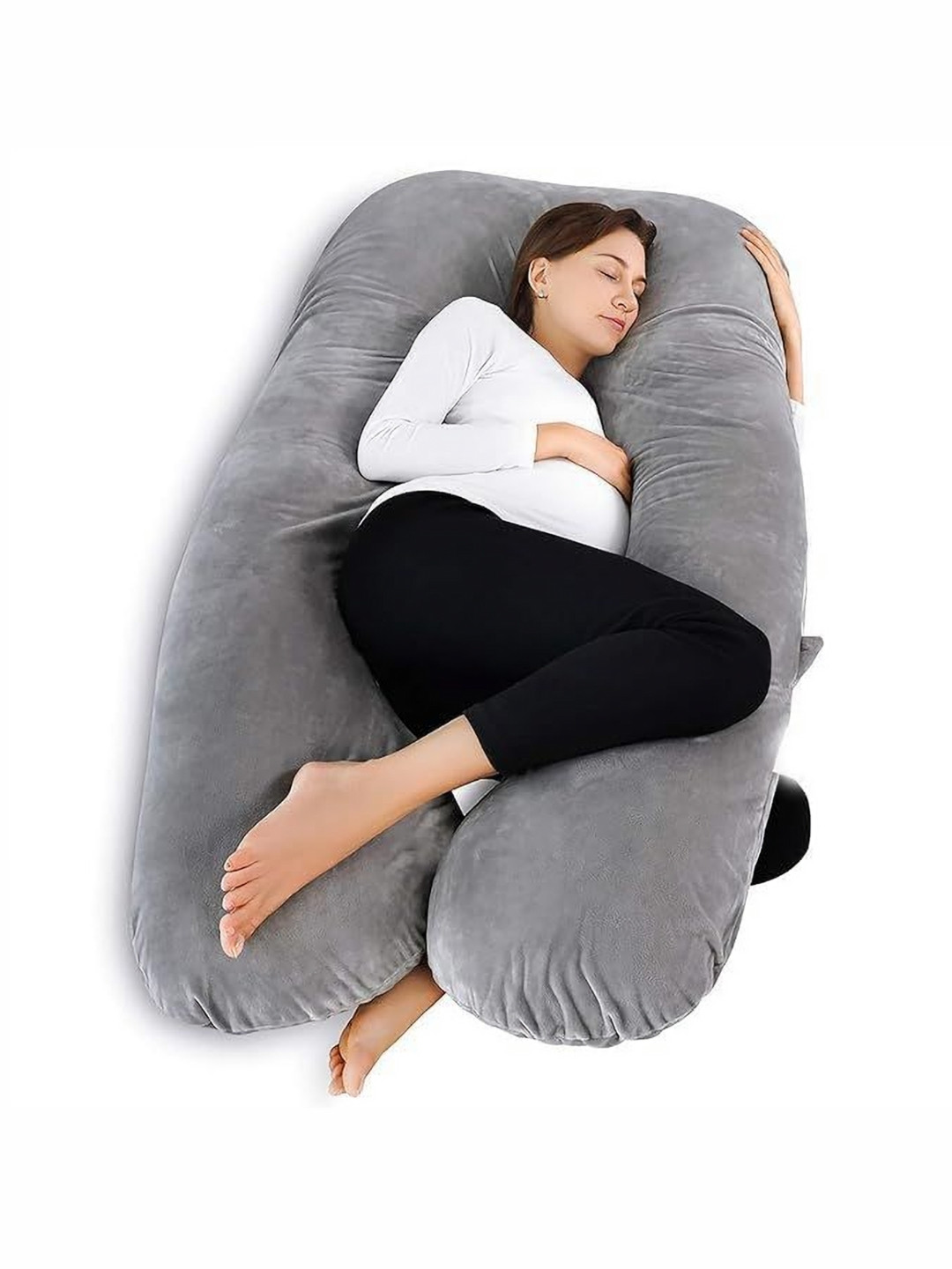 Siroki Bond Grey Solid Faux Velvet Firm Fibre Maternity Pillow-104 x 74 x 5 cm