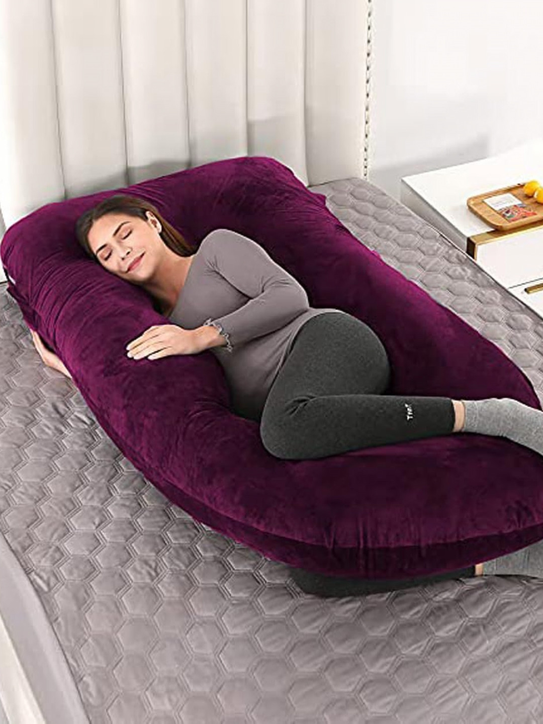 Siroki Bond Purple Solid Faux Velvet Firm Fibre Maternity Pillow-76.2 x 144.8 cm