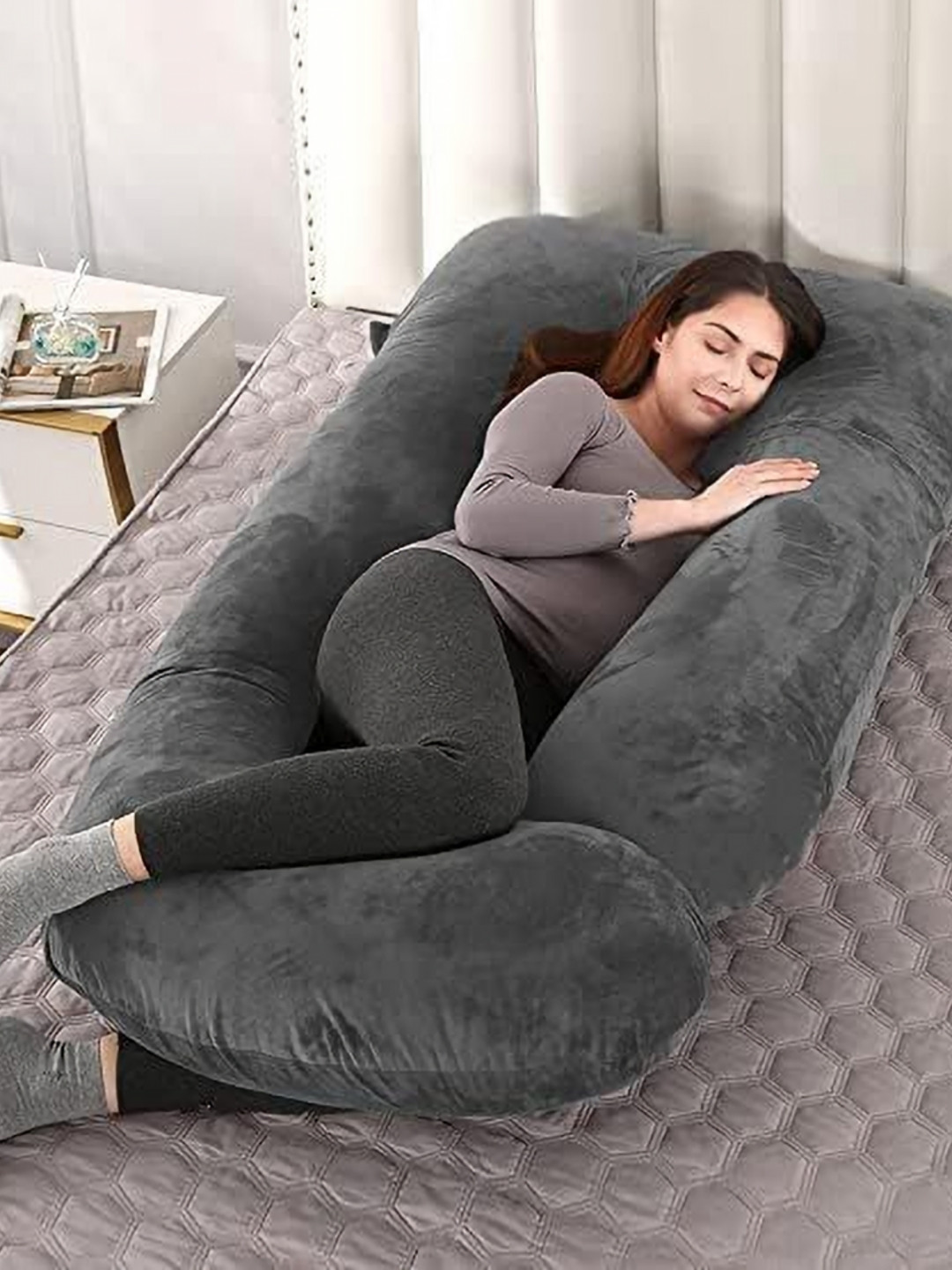 Siroki Bond Grey Solid Faux Velvet Firm Fibre Maternity Pillow-10 x 60 x 110 cm