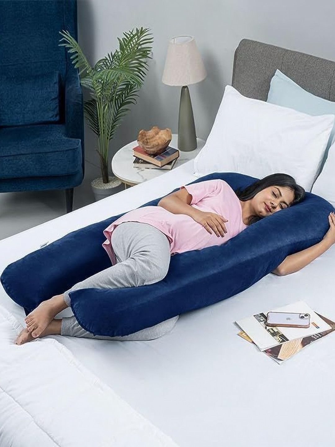 Siroki Bond Blue Solid Faux Velvet Firm Fibre Maternity Pillow-104 x 74 x 5 cm