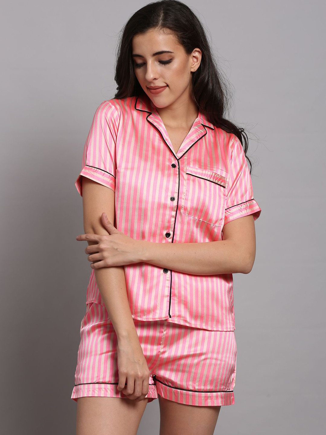 Fuchsia Women Pink Striped Satin Night suit
