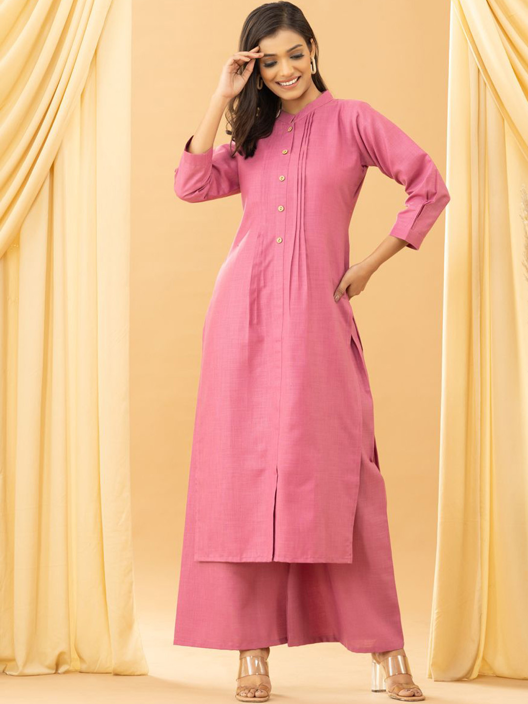 HANDIKART Pin Tucks Mandarina Collar Front Slit Kurta With Palazzo
