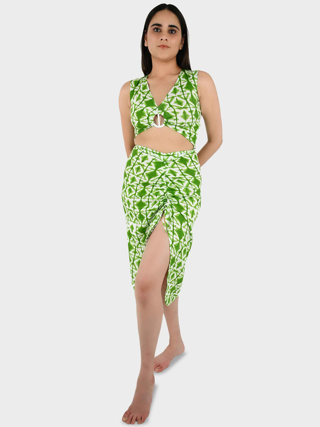 Blissence Geometric Printed Pure Cotton Buckle Top & Skirt Swimwear Cover up Set