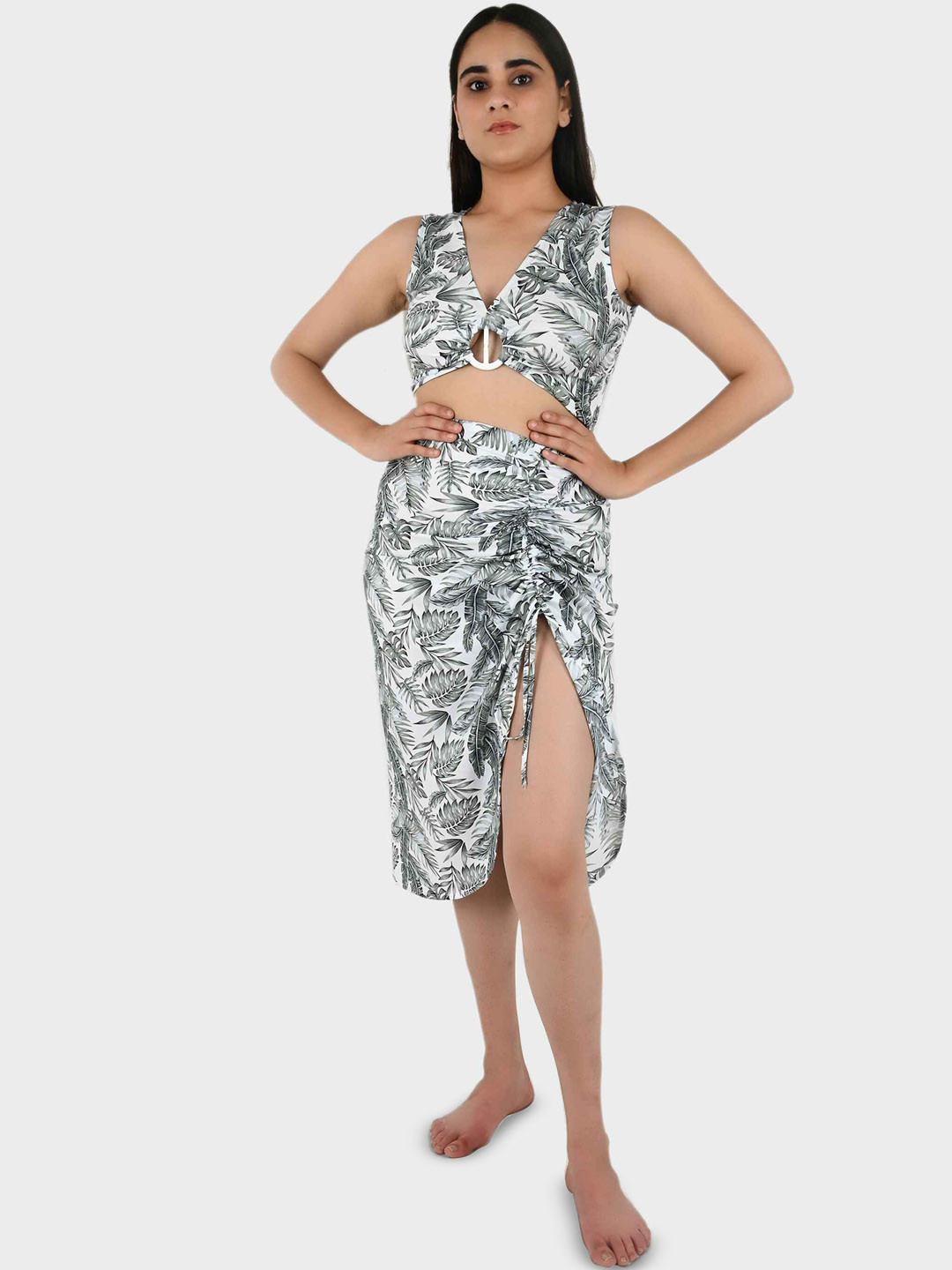 Blissence Tropical Printed Sleeveless Pure Cotton Buckle Top & Skirt Swimwear Cover up Set