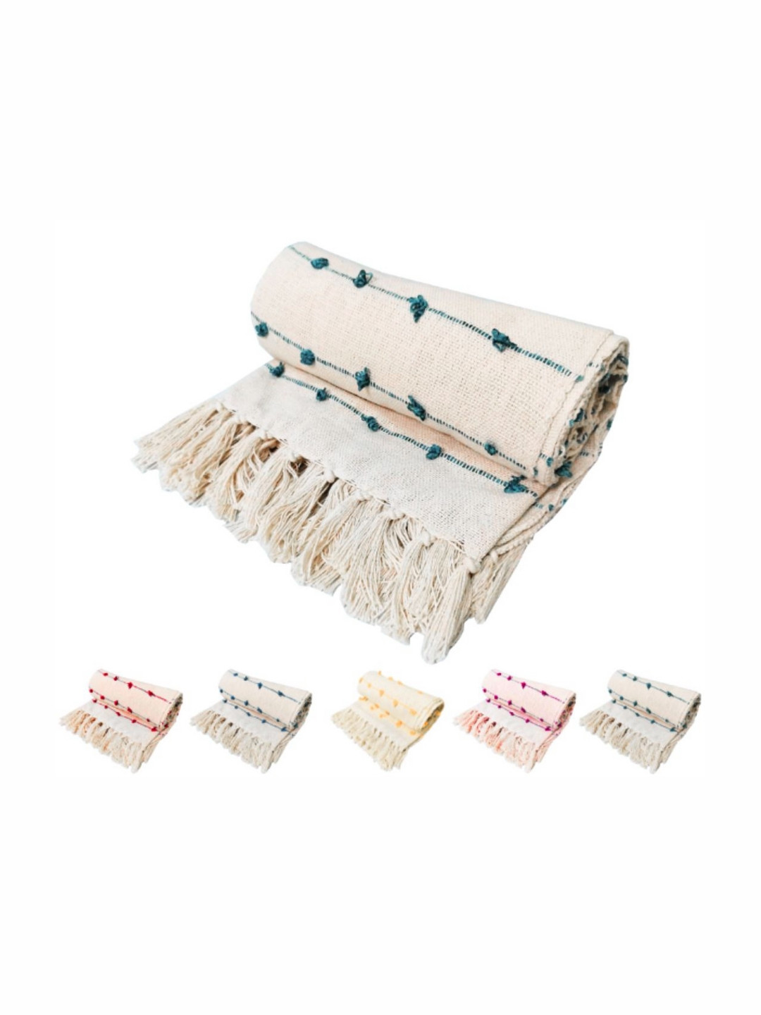 Fashion Throw Off White & Teal Striped Mild Winter 210 GSM Cotton Double Bed Blanket