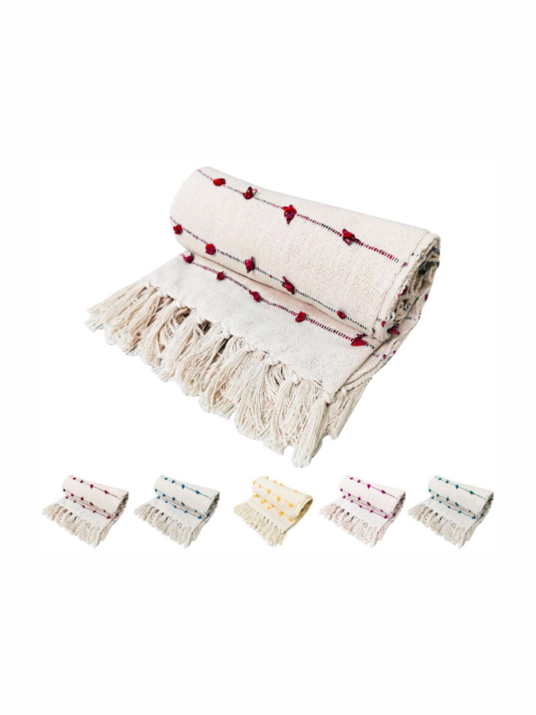 Fashion Throw Off White & Maroon Striped Mild Winter 210 GSM Cotton Double Bed Blanket
