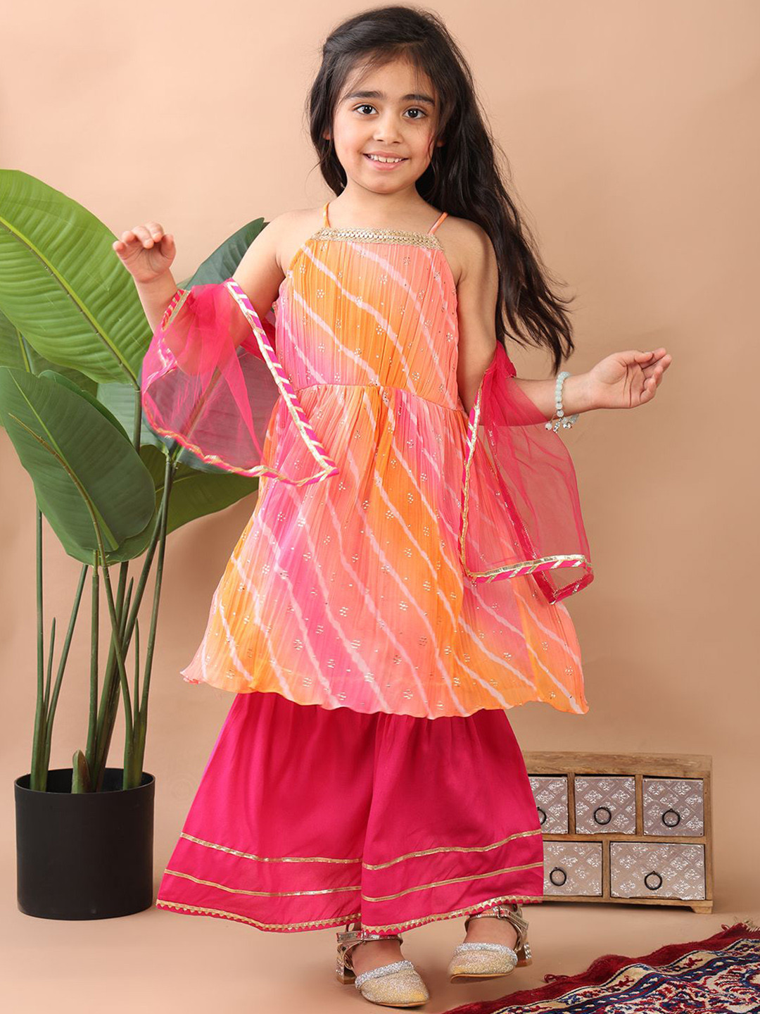 Here&Now X Kinder Kids Girls Leheriya Printed Kurti with Sharara And Dupatta