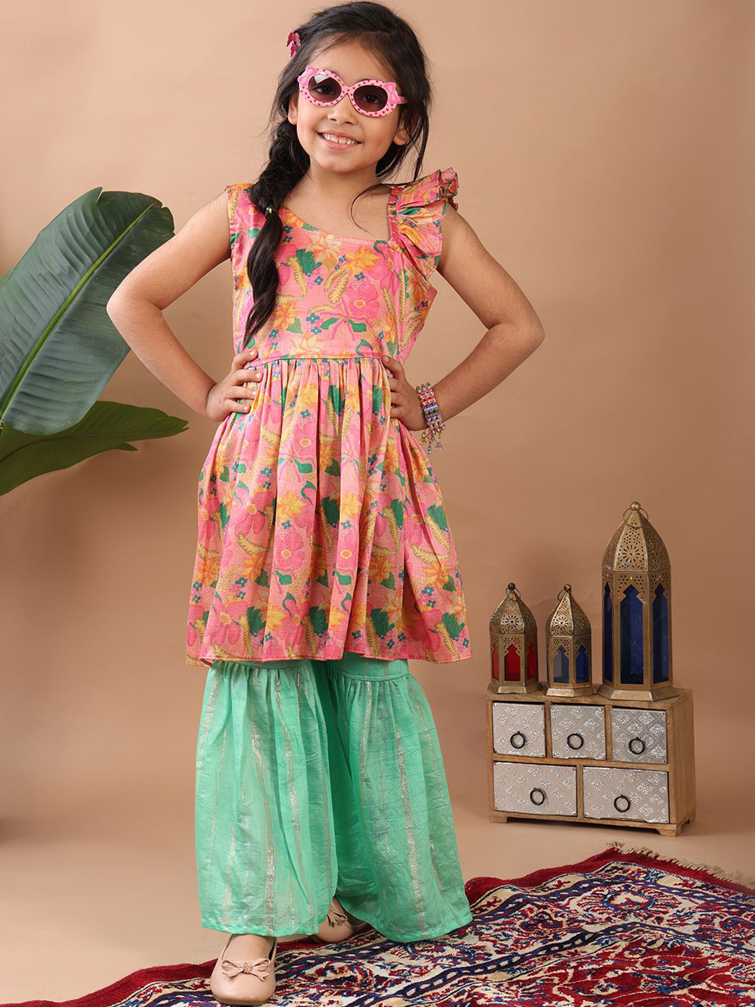 Here&Now X Kinder Kids Girls Floral Printed A-Line Kurta with Sharara