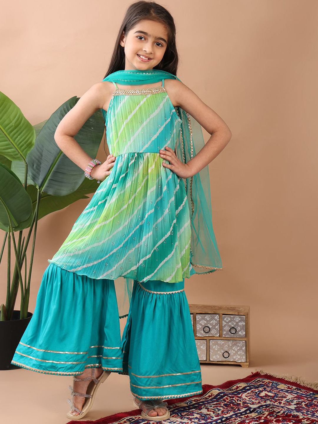 Here&Now X Kinder Kids Girls Leheriya Printed Kurti with Sharara And Dupatta