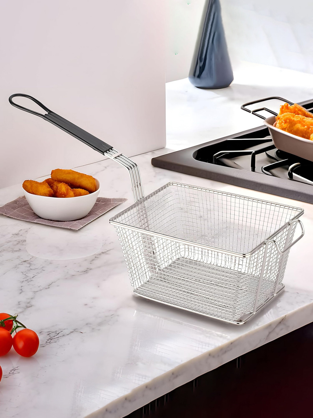 Kuber Industries Silver-Toned Stainless Steel Chips & French Fries Deep Fryer Strainer