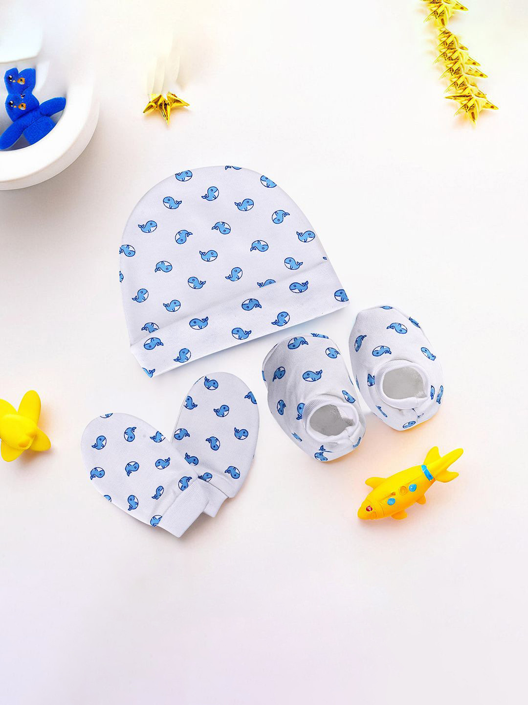 Kuber Industries Kids 10 Pcs Cotton New Born Cap, Mittens and Booties Set White & Brown