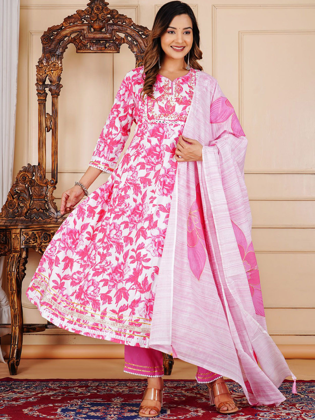L.H HANDICRAFTS Floral Printed Pure Cotton Anarkali Kurta With Trousers And Dupatta