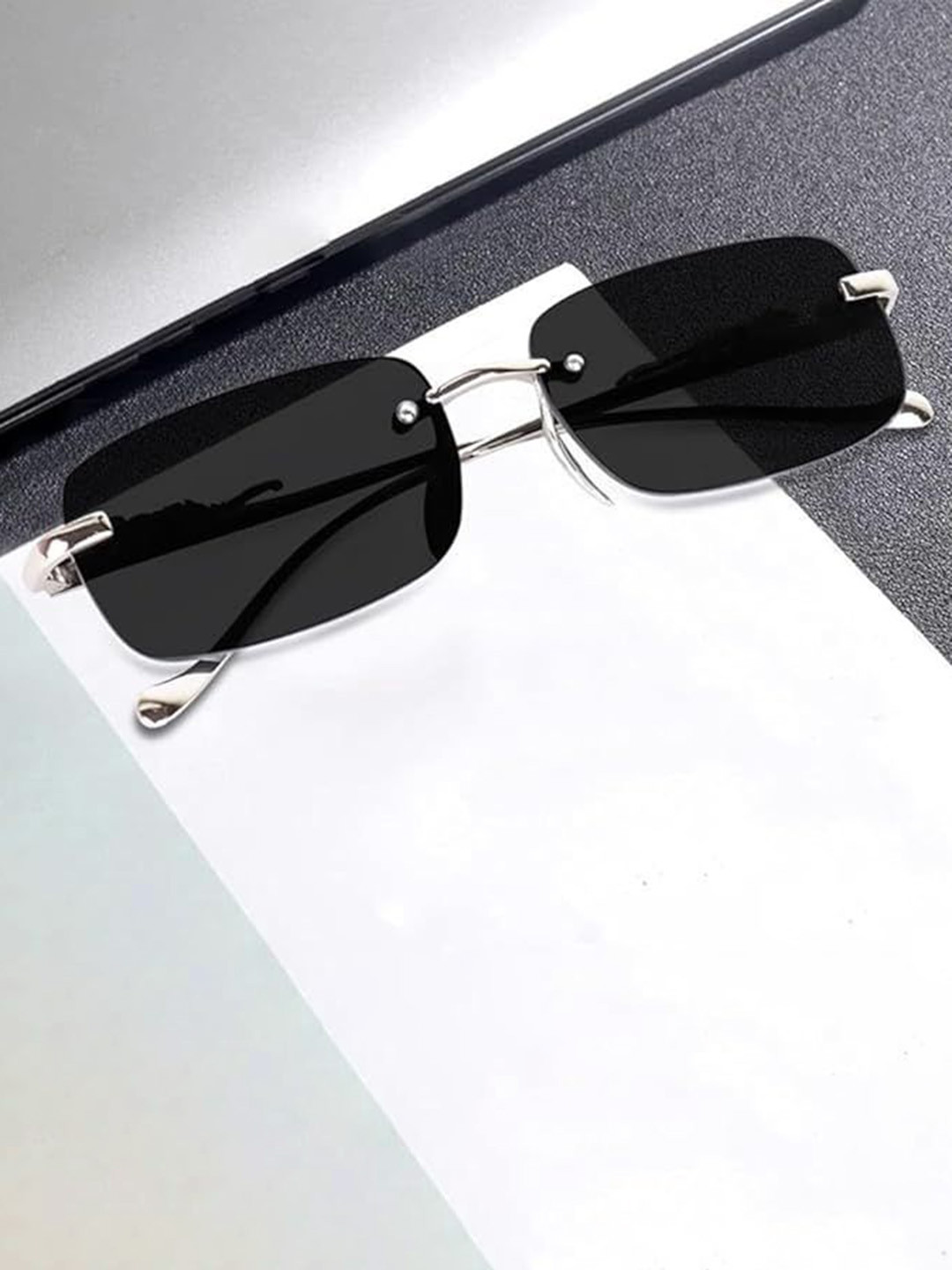 RICH CLUB Unisex Square Sunglasses with Polarised Lens RIMLESS SUNGLASS-black silver