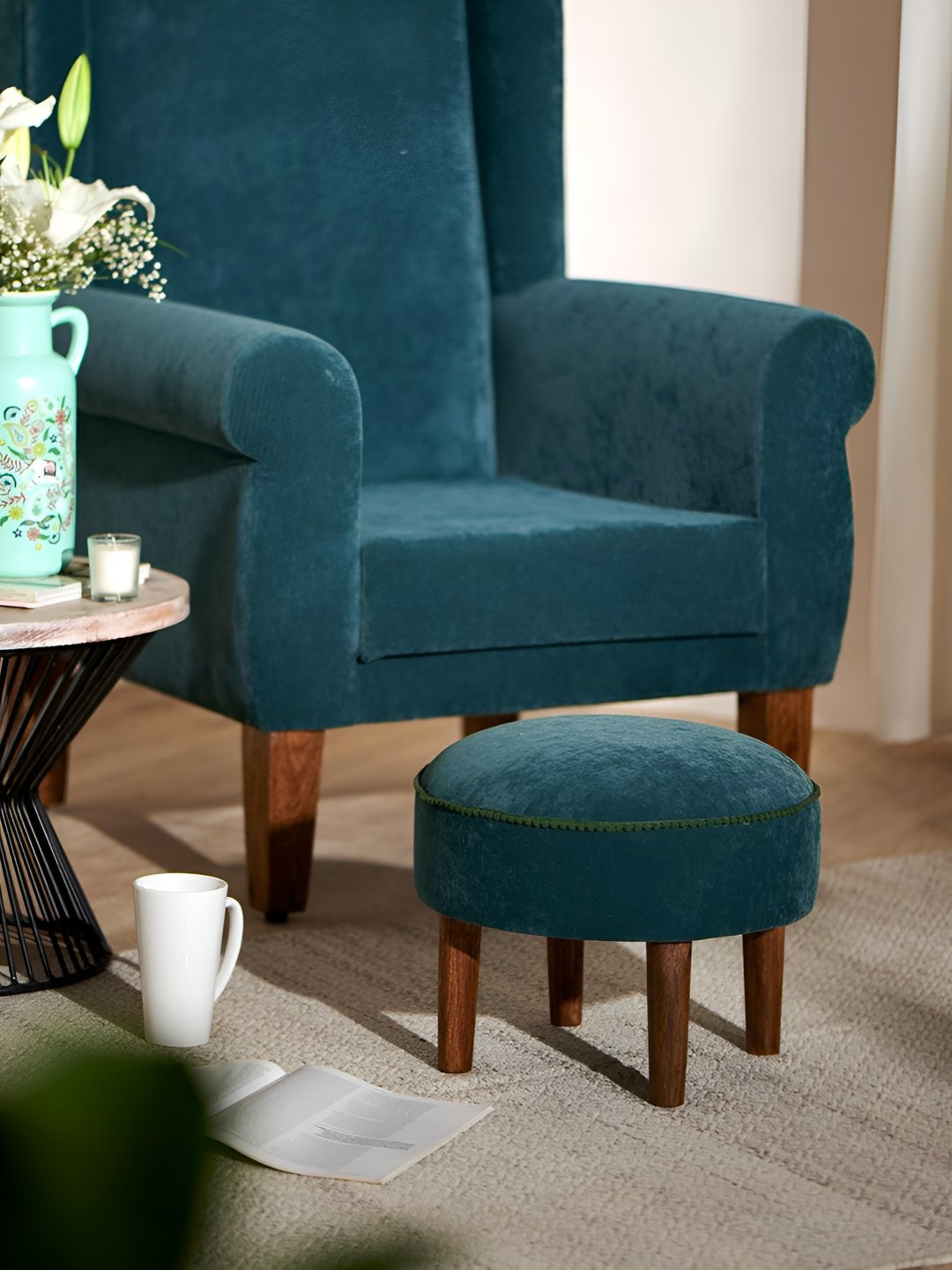 Chumbak Dark Green Round Velvet Begum Foot Rest