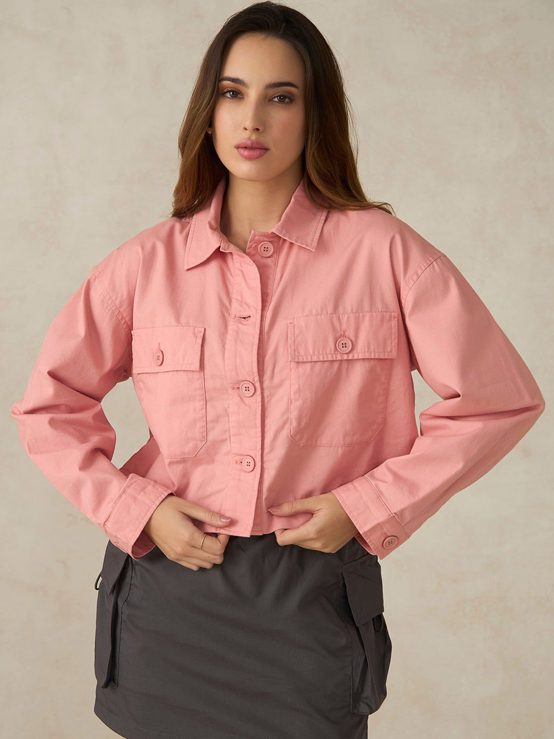 Virgio Women Pink Lisa Front Open Cropped Jacket