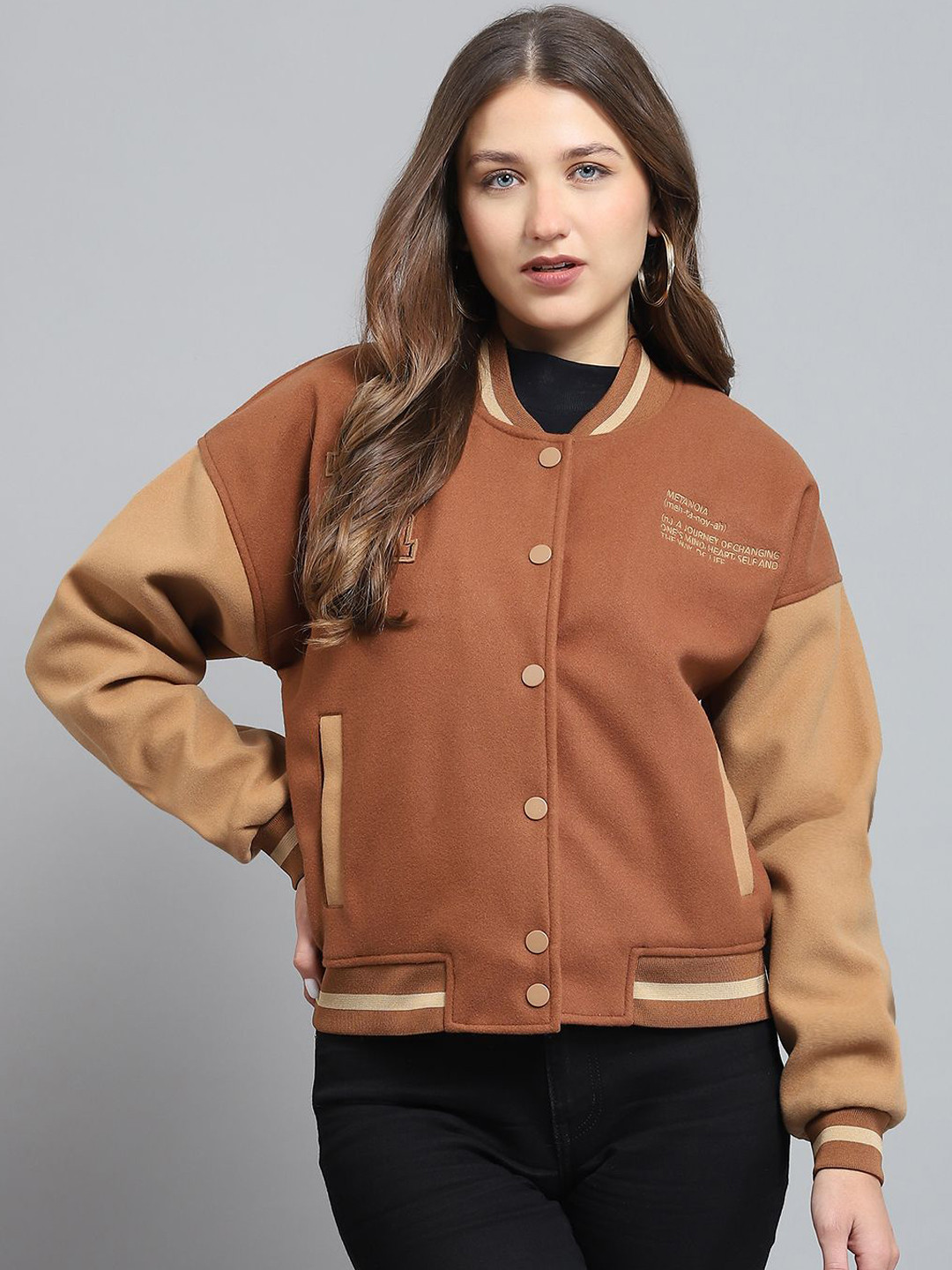 rock.it Women Stand Collar Typography Printed Casual Lightweight Bomber Jacket