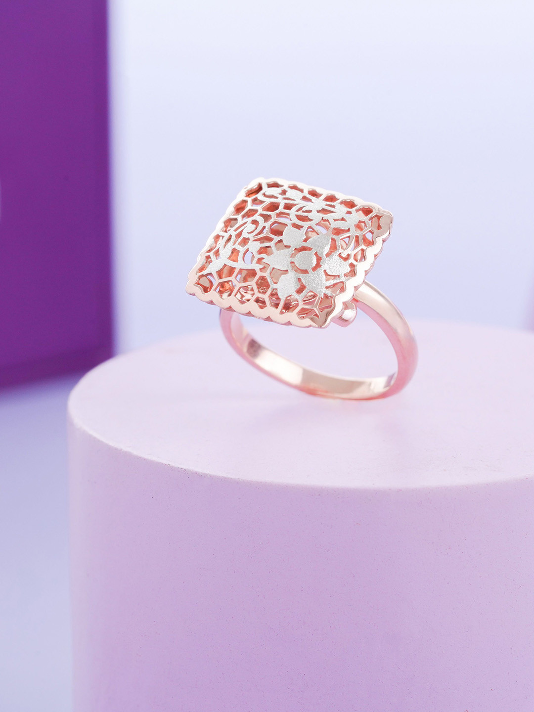 KIORAH 925 Sterling Silver Rose Gold Plated Textured Adjustable Finger Ring