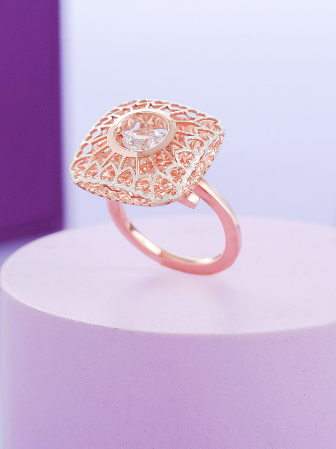 KIORAH 925 Sterling Silver Rose Gold Plated Cubic Zirconia Studded Adjustable Finger Ring