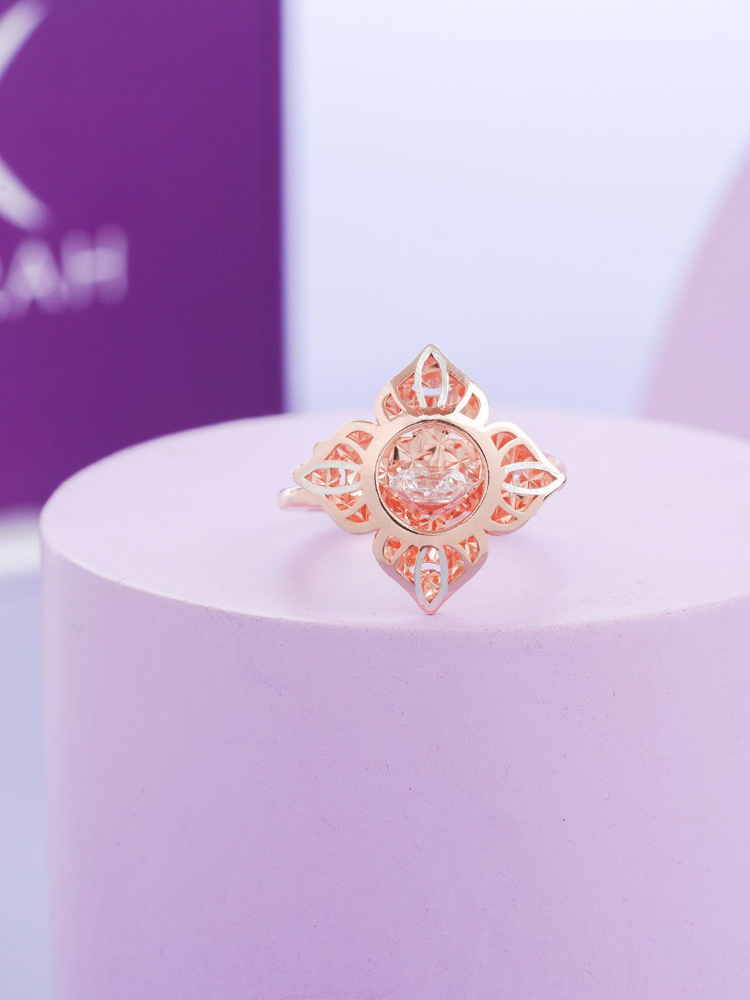 KIORAH 925 Sterling Silver Rose Gold Plated Cubic Zirconia Studded Adjustable Finger Ring