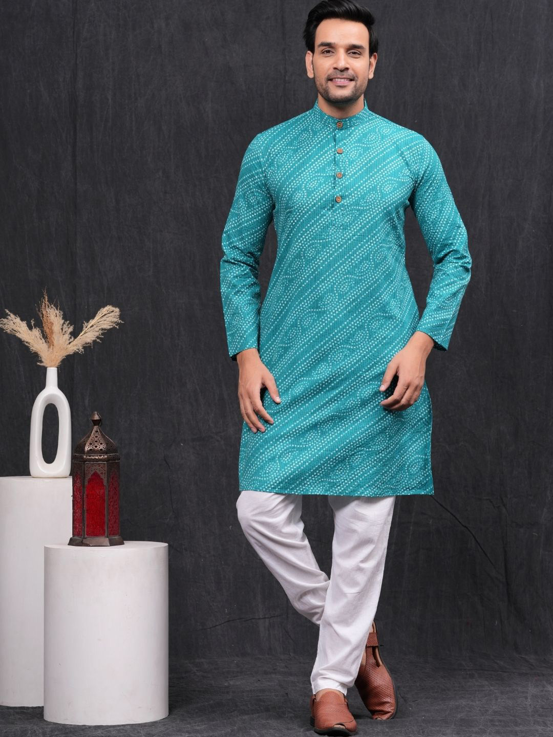 Hues Fab Bandhani Printed Band Collar Pure Cotton Kurta with Pyjama