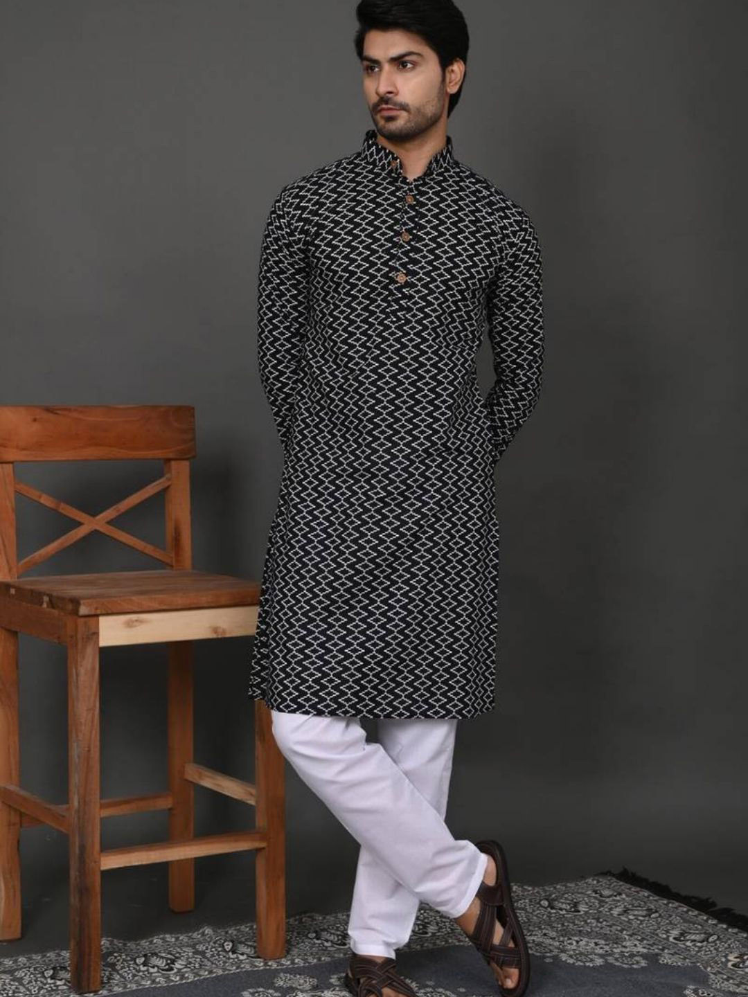 Hues Fab Chevron Printed Band Collar Pure Cotton Kurta With Pyjamas