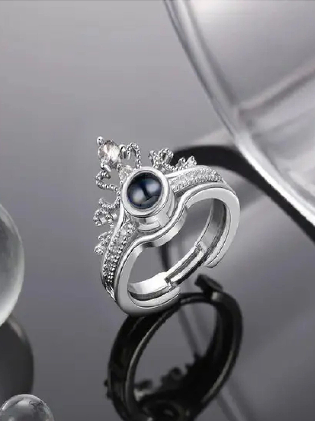 RUHI COLLECTION Platinum Plated CZ Studded 100 Language Adjustable Double Finger Rings