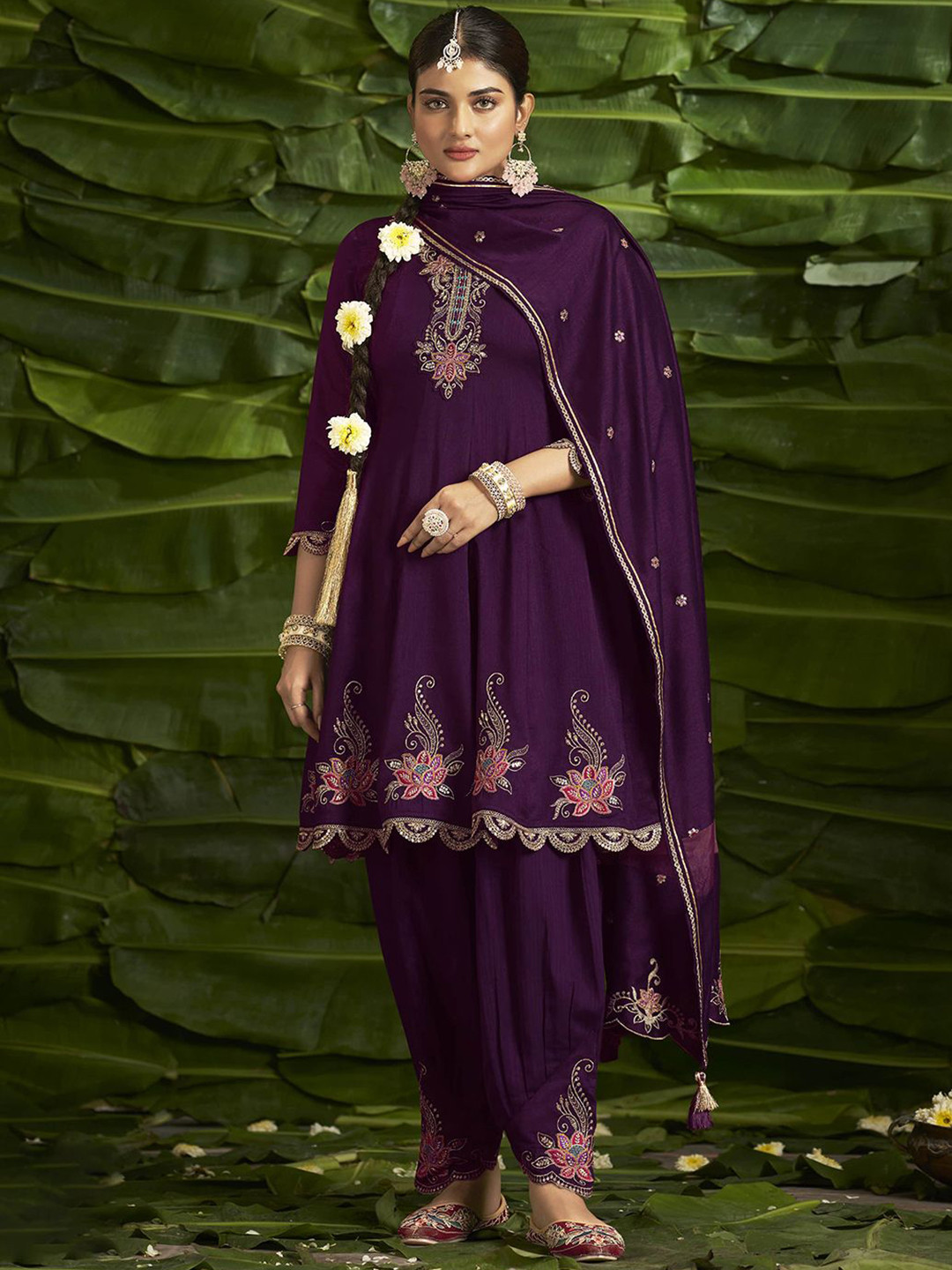 Kvsfab Floral Embroidered Sequinned Anarkali Kurta With Salwar And Dupatta