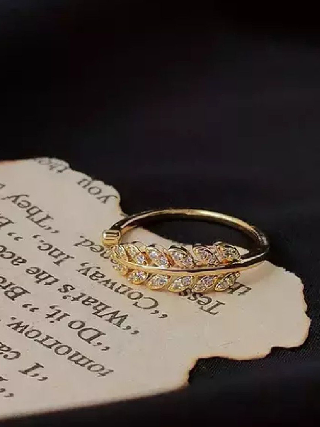 RUHI COLLECTION Rose Gold Plated Stainless Steel AD Studded Leaf Adjustable Finger Ring