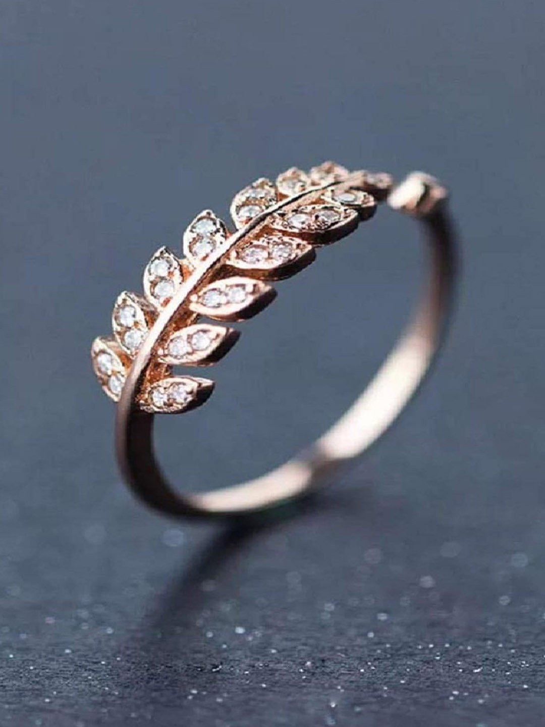 RUHI COLLECTION Rose Gold Plated Stainless Steel AD Studded Leaf Adjustable Finger Ring