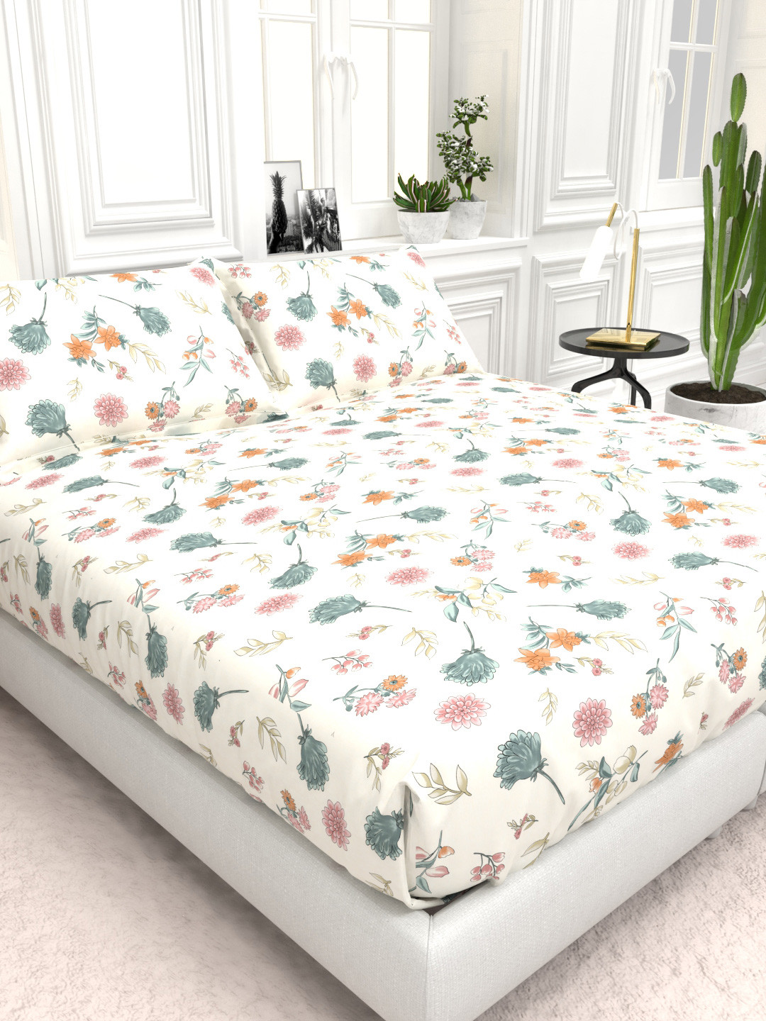 THE WHITE MOSS IDA White & Blue Floral Printed 130 TC Queen Bedsheet Set 2.25 m x 2.50 m
