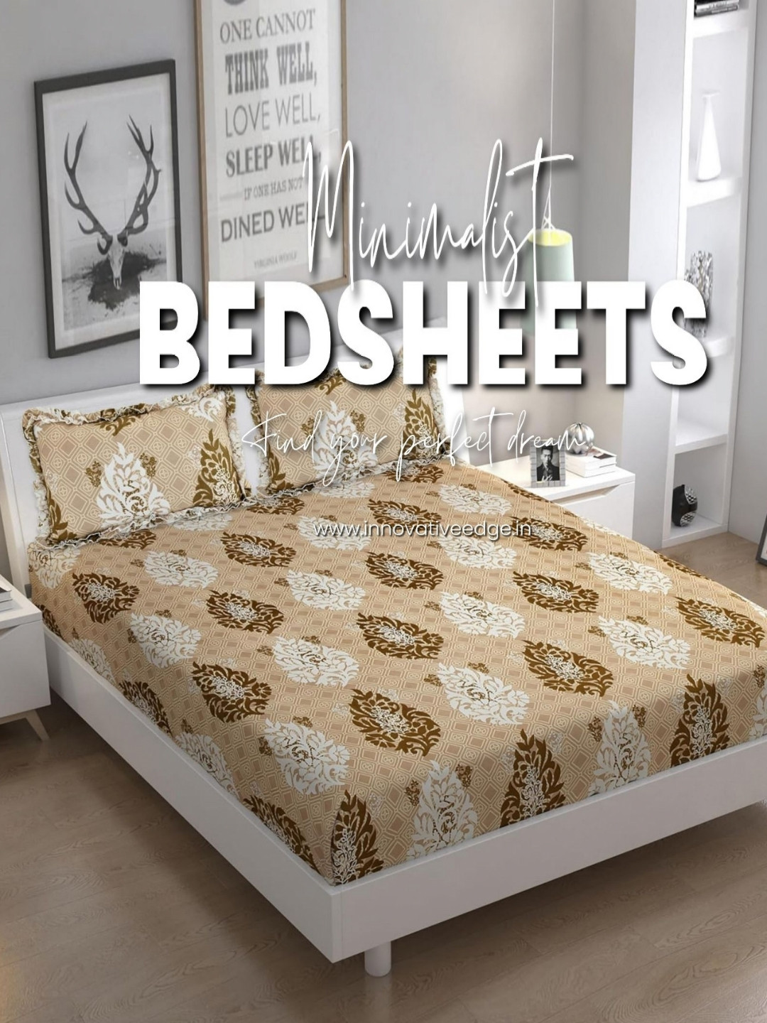Innovative Edge Premium Beige Floral Cotton Wrinkle Free 300 TC Fitted King Fine Bedsheet with 2 Pillow Covers-71 x 75 inches