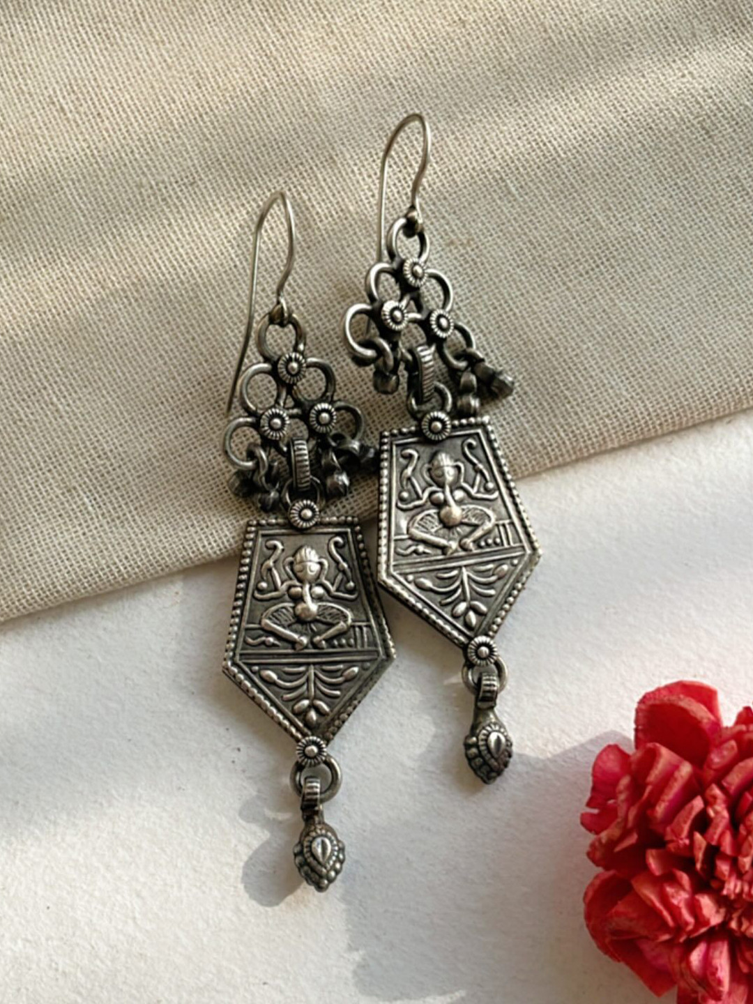 Dulcett Silver-Plated Geometric Shaped Oxodised Drop Earrings