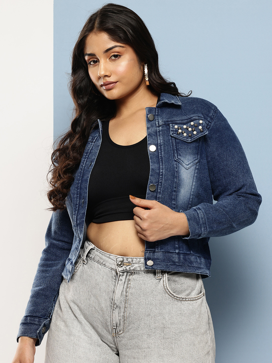 Aarika Washed Lightweight Denim Jacket With Bead Studded Details