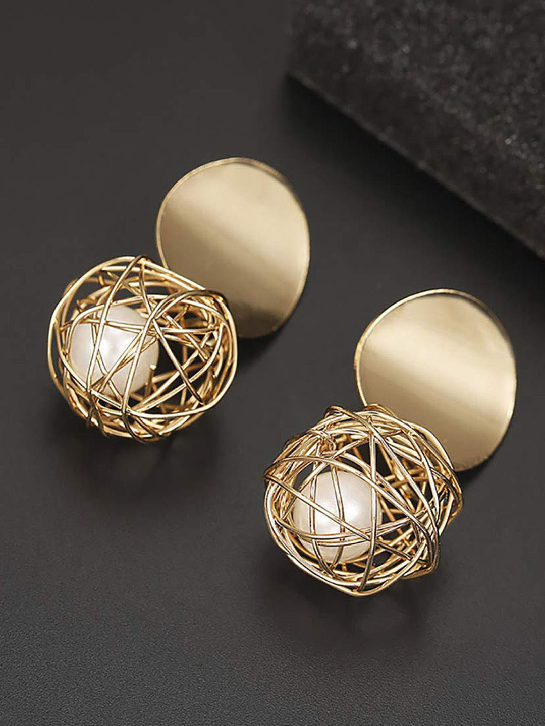 BEYTER Gold-Plated Stainless Steel Perals Beaded Contemporary Shaped Drop Earrings