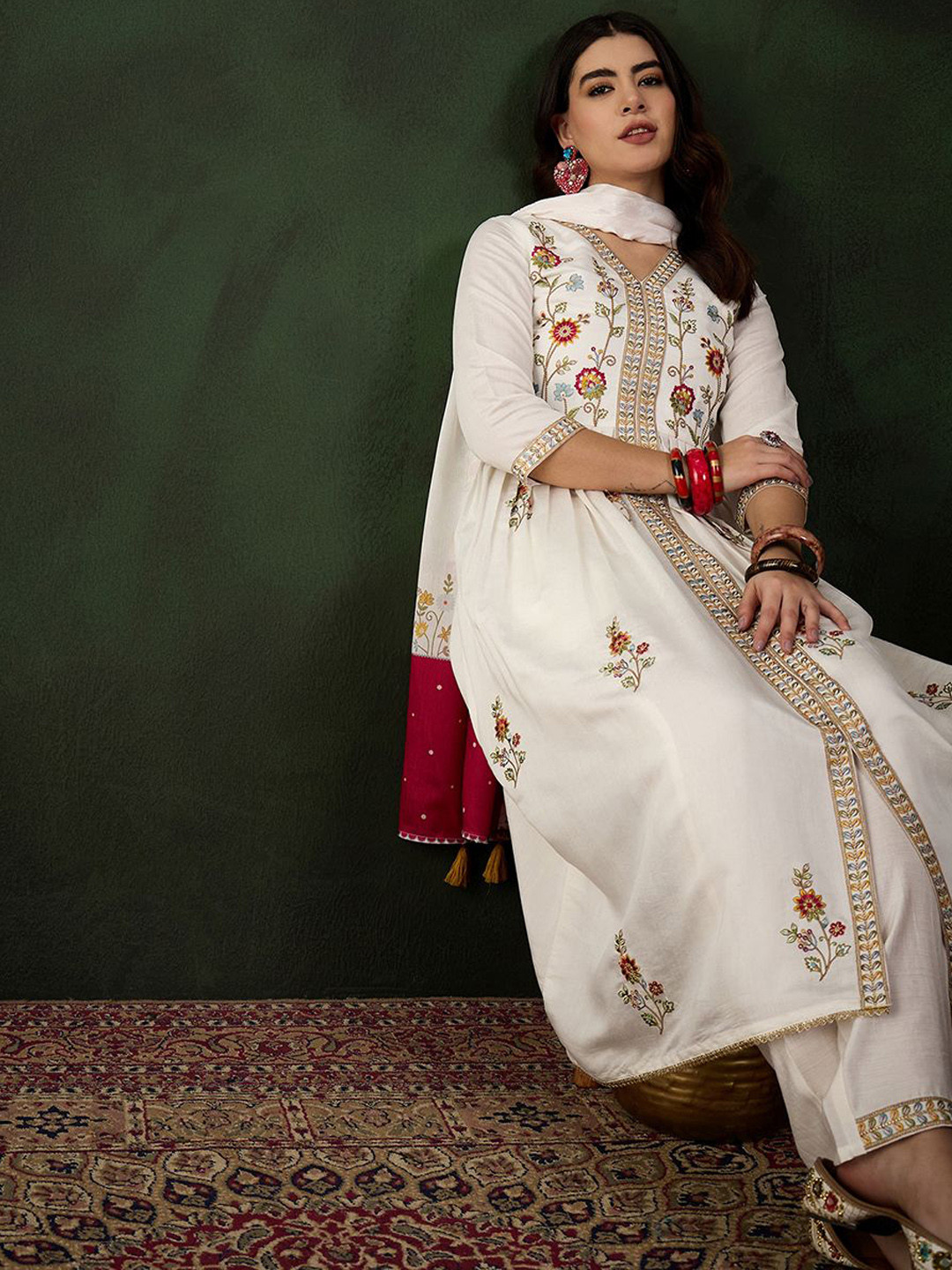 Sangria Off White Floral Embroidered Thread Work A-Line Kurta With Trouser & Dupatta