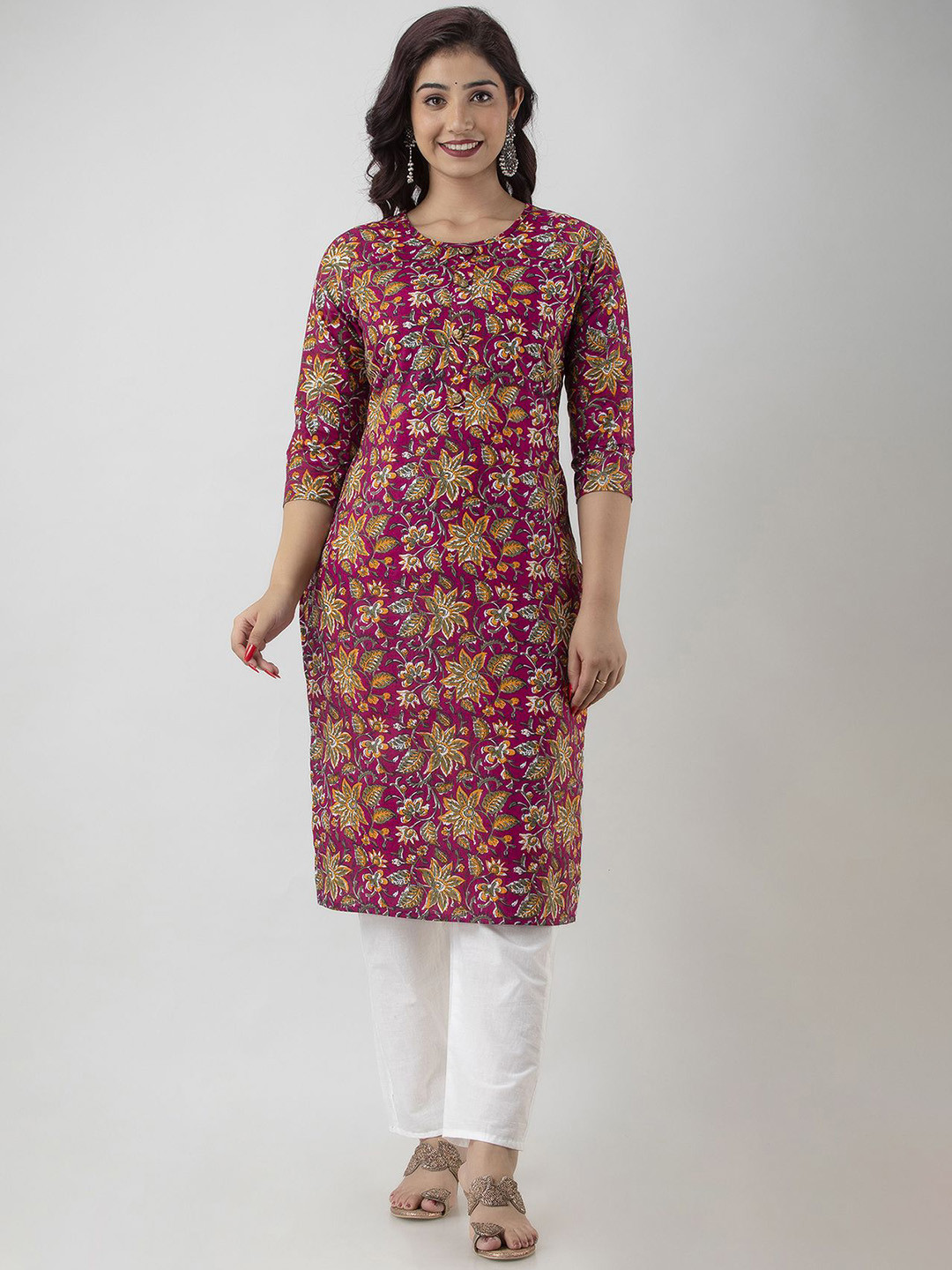 Manvik fashion Floral Printed Round Neck straight Kurta With Trousers