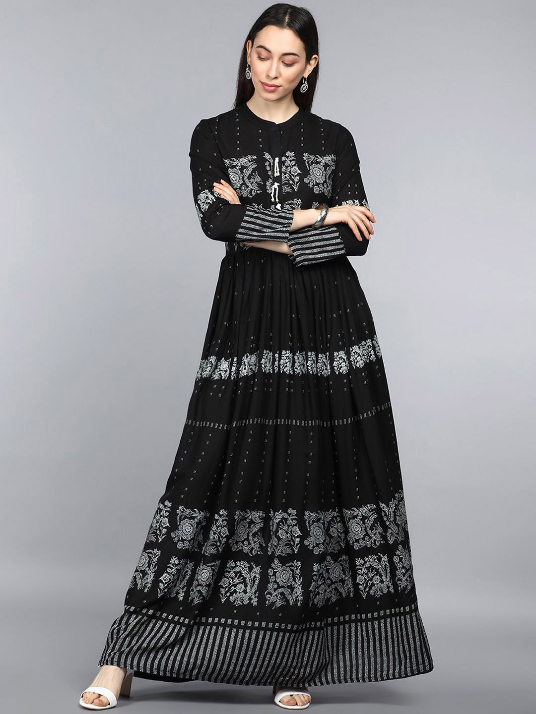 KALINI Floral Embroidered Empire Mandarin Collar Ethnic Dresses