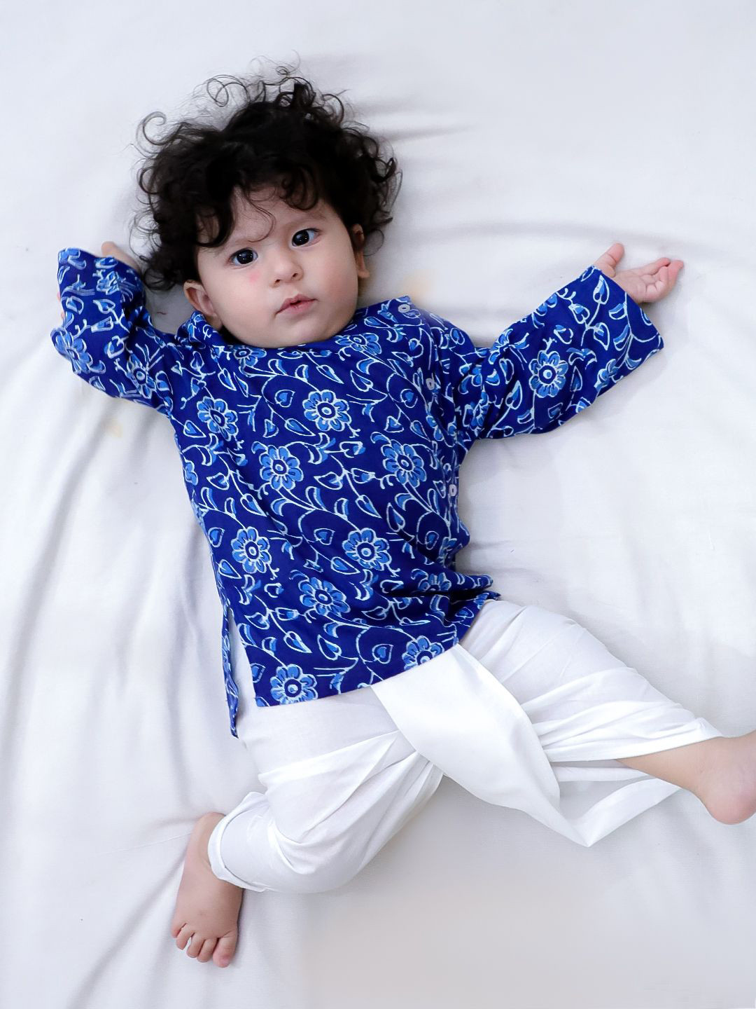 BownBee Boys Floral Printed Round Neck Pure Cotton Straight Kurta With Dhoti Pants