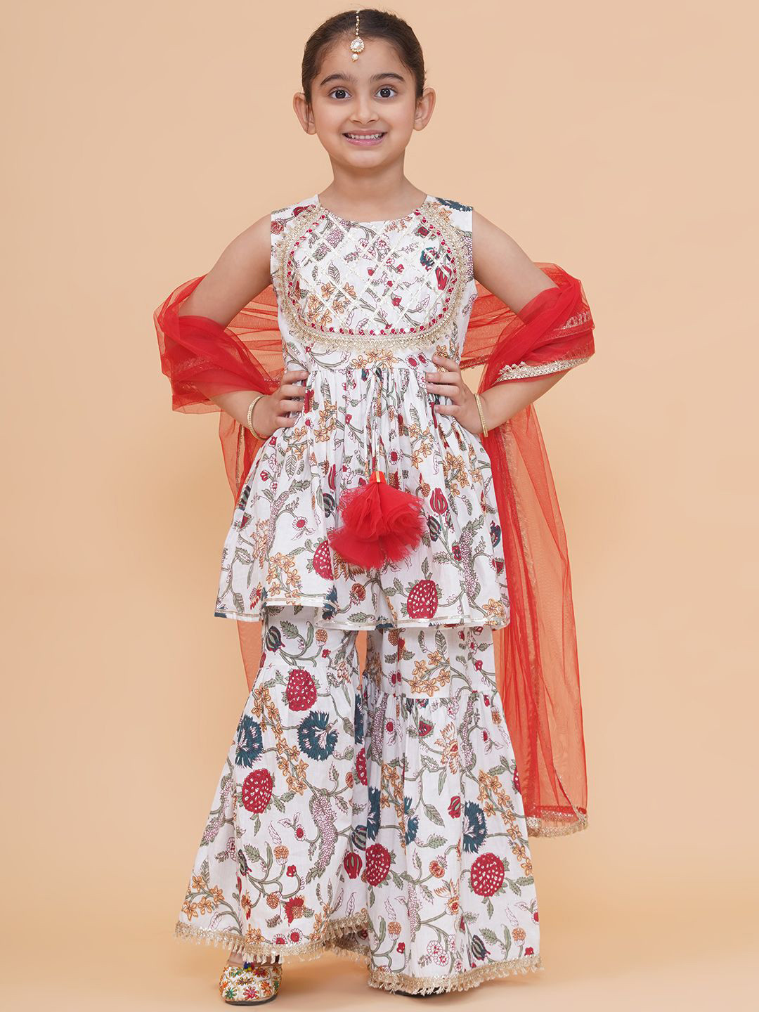 Modish Couture Girls Floral Printed Zari Anarkali Kurta With Sharara And Dupatta
