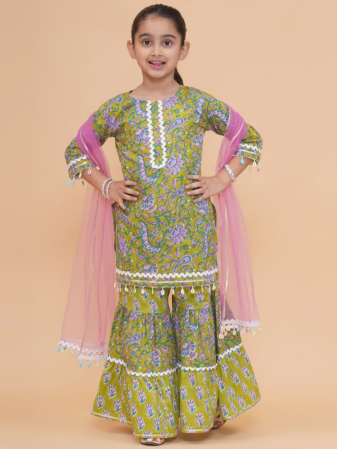 Modish Couture Girls Floral Printed Round Neck Straight Kurta With Sharara And Dupatta