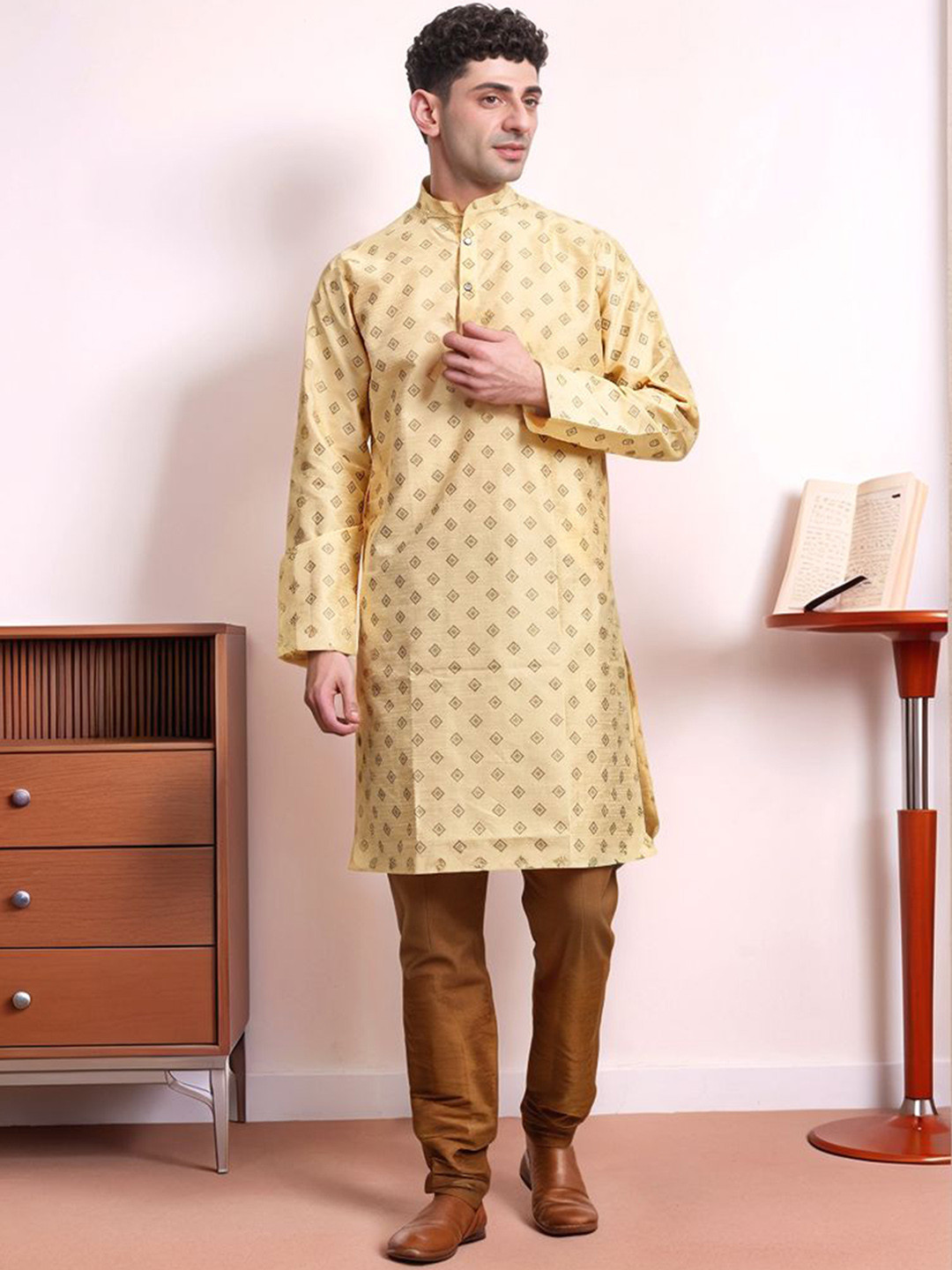 Moda Rapido Floral Woven Design Band Collar Pure Cotton Kurta With Churida