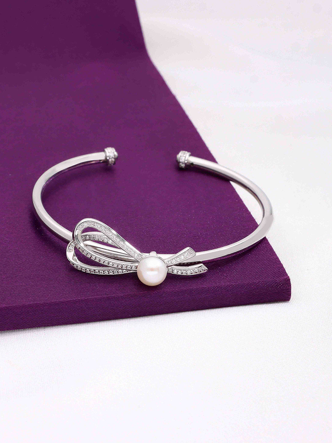 KAI JEWEL 925 Sterling Silver Rhodium-Plated AD Studded Ribboned Cuff Bracelet