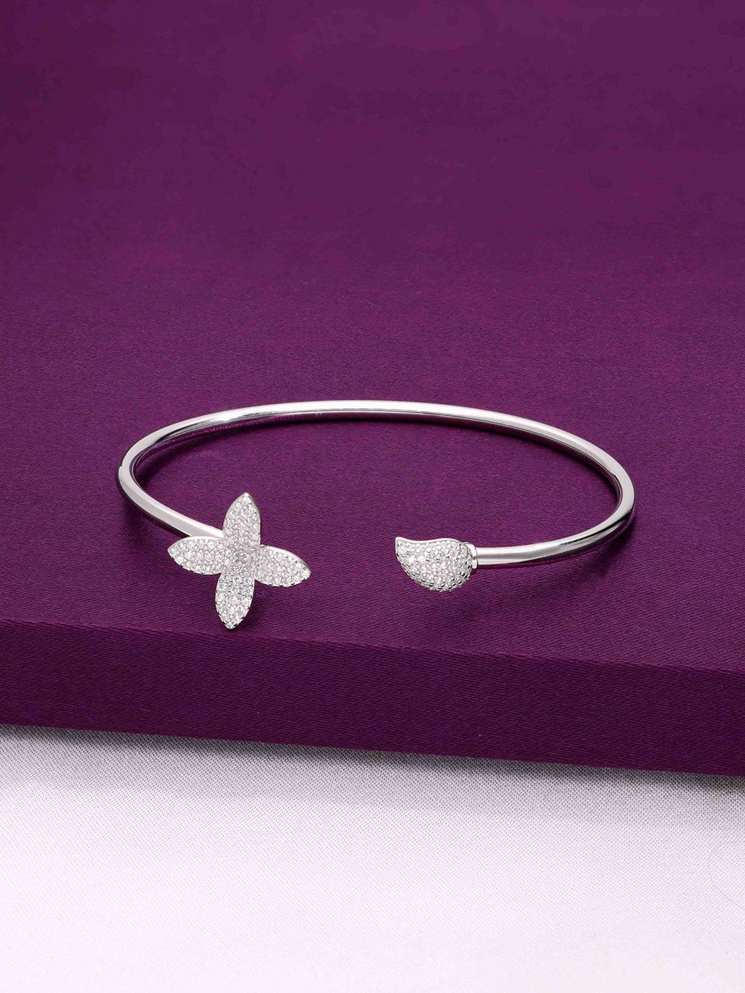 KAI JEWEL 925 Sterling Silver Rhodium-Plated AD Studded Blossoming Blooms Cuff Bracelet