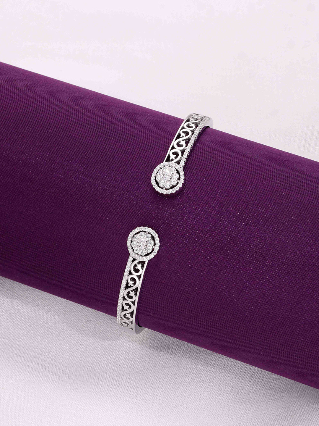 KAI JEWEL 925 Sterling Silver Rhodium-Plated AD Studded Authentic Twirls Cuff Bracelet