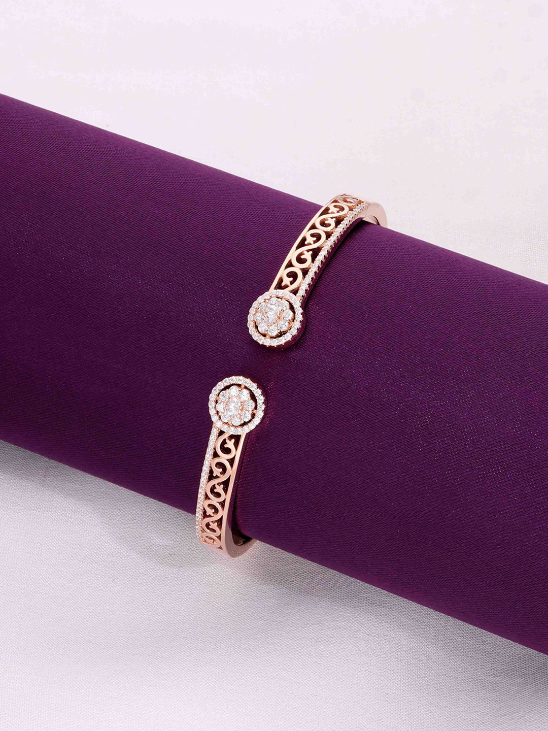 KAI JEWEL 925 Sterling Silver Rose Gold-Plated AD Studded Authentic Twirls Cuff Bracelet