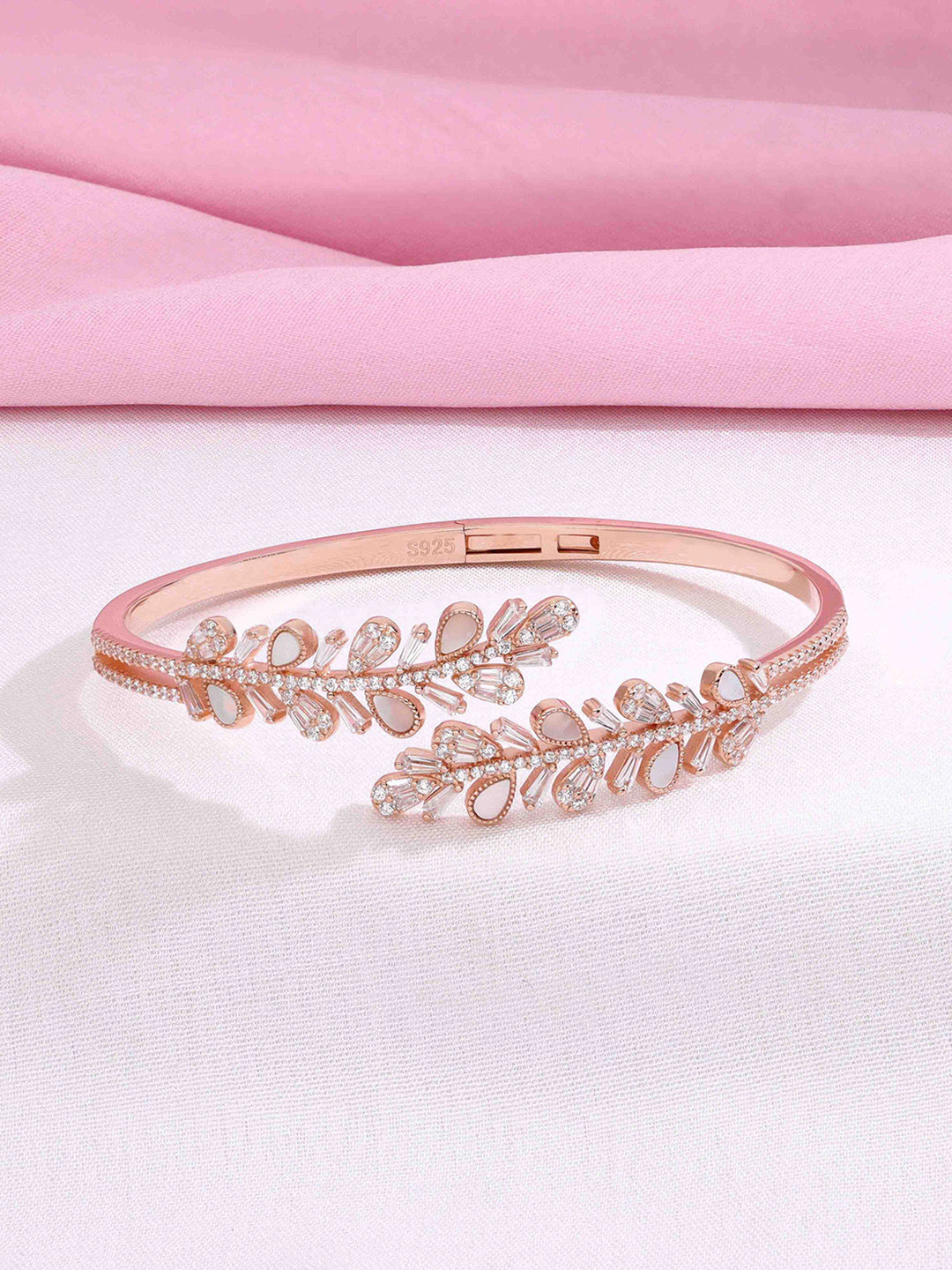 KAI JEWEL 925 Sterling Silver Rose Gold-Plated AD Studded Lacy Leaves Cuff Bracelet